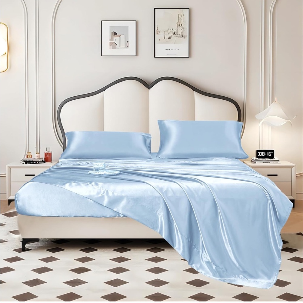 Koreyoshi 3 PCS Satin Sheets Twin Fitted Sheet,Flat Sheet Pillow Cases Baby Blue